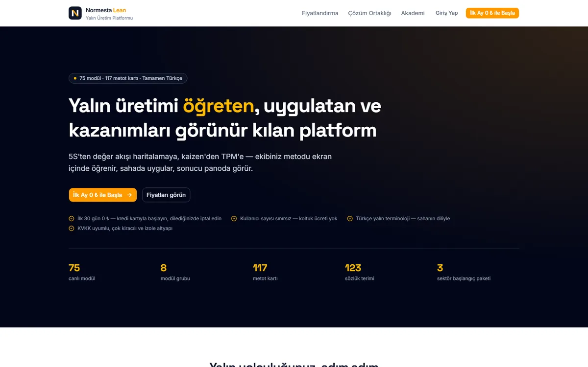 Normesta Lean sitesinin ekran görüntüsü